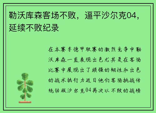 勒沃库森客场不败，逼平沙尔克04，延续不败纪录