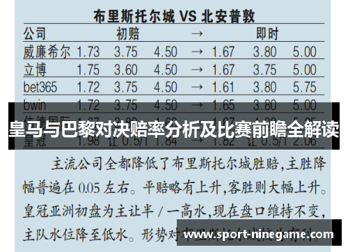 皇马与巴黎对决赔率分析及比赛前瞻全解读